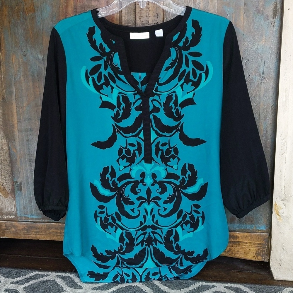 New York & Company Teal & Black V-Neck Blouse - Small